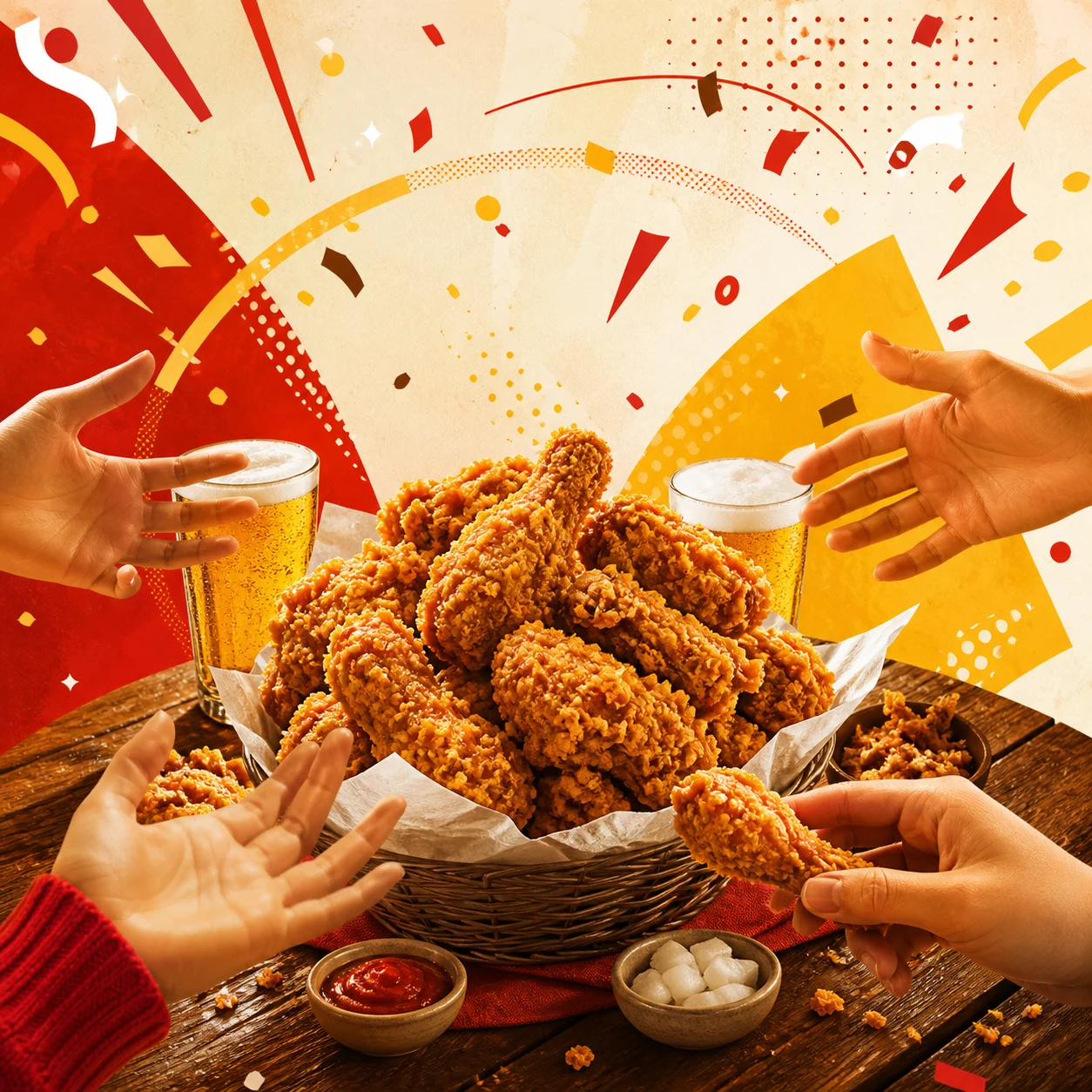 Crispy chicken and welcome beers shared together